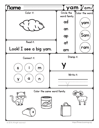 worksheets word family y The   Family Word  PrimaryLearning.org Worksheet YAM  AM