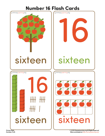 number sixteen flash cards primarylearningorg