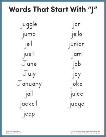 Words That Start With J For Kindergarten 