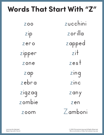 z words for kids list