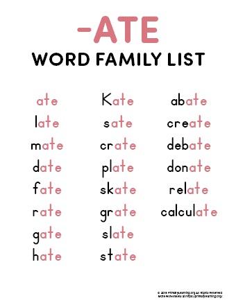 ate word family list