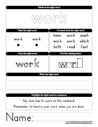 work sight word worksheet primarylearning org