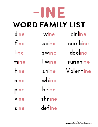 Ine Word Family List | Primarylearning.Org