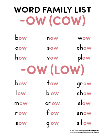 ow word family list