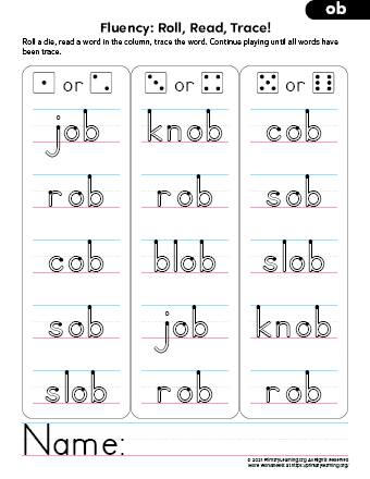 Ob Word Family Activities - Roll Read Trace | Primarylearning.Org