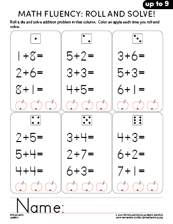 addition fluency roll and solve sum up to 9 primarylearning org