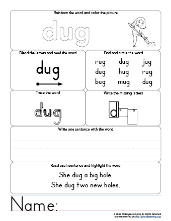 DUG Worksheet - UG Word Family | PrimaryLearning.Org