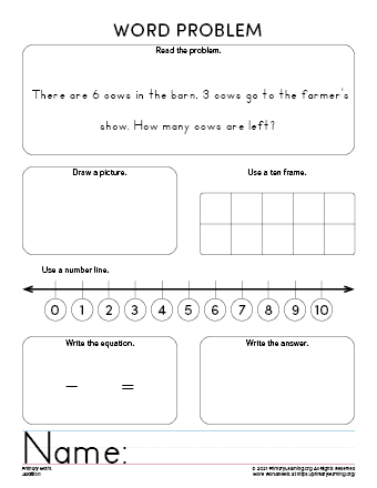 subtraction word problems kindergarten worksheets