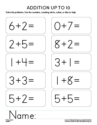 single digit addition for kindergarten