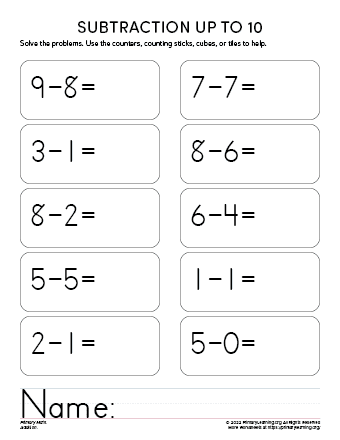 kindergarten math worksheets subtraction
