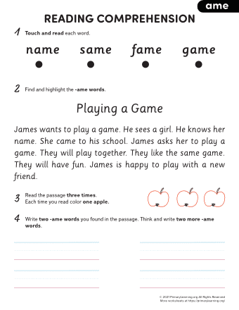 ame word family reading comprehension