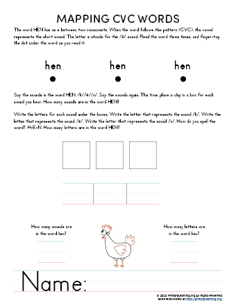cvc word mapping hen worksheet