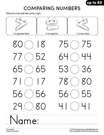 comparing numbers worksheets 1st grade