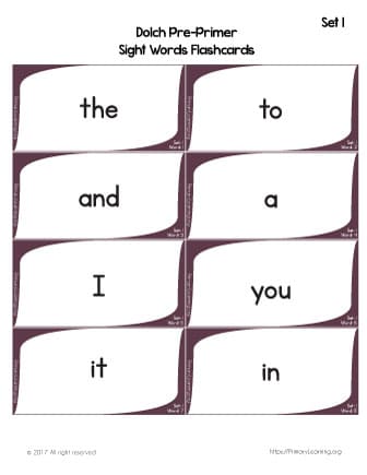 sight words for preschoolers flashcards