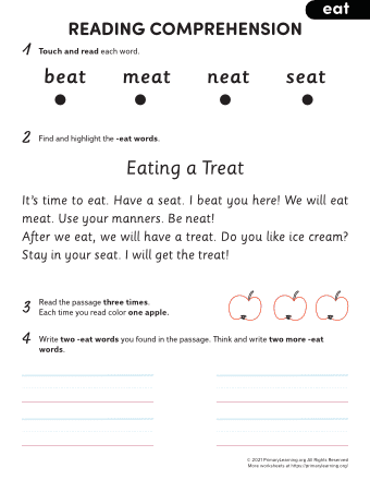 eat word family reading comprehension