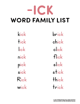 ick word family list