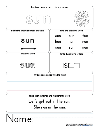 SUN Worksheet - UN Word Family | PrimaryLearning.Org