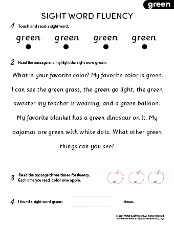 sight word green fluency