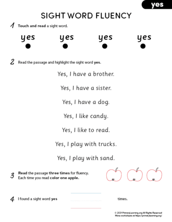 sight word yes fluency
