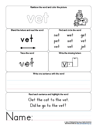 VET Worksheet - ET Word Family | PrimaryLearning.Org