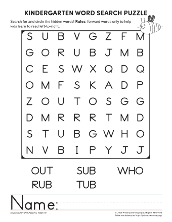 kindergarten word search unit 19