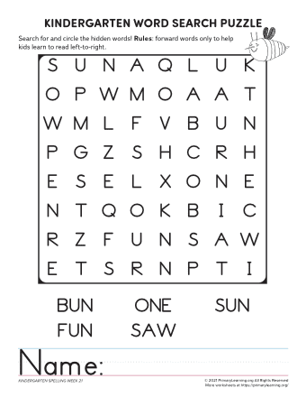 kindergarten word search unit 21