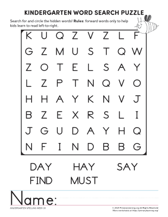 kindergarten word search unit 33
