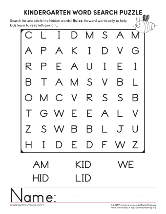 kindergarten word search unit 7
