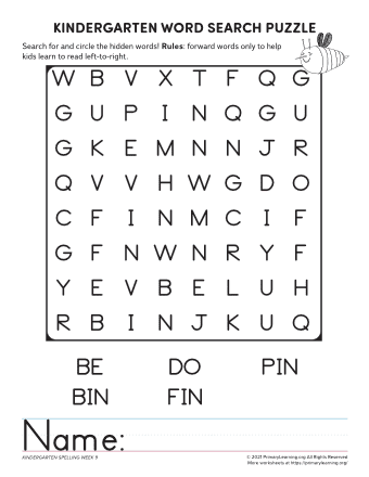 kindergarten word search unit 9