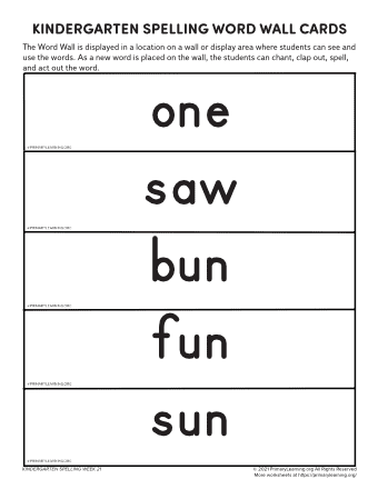 kindergarten spelling words unit 21