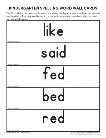 kindergarten spelling words unit 23