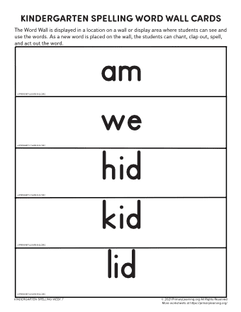 kindergarten spelling words unit 7
