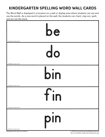 kindergarten spelling words unit 9
