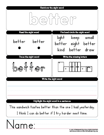 better sight word worksheet