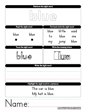 blue sight word worksheet