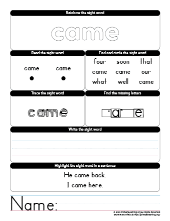 came sight word worksheet