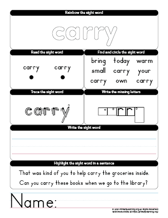 carry sight word worksheet