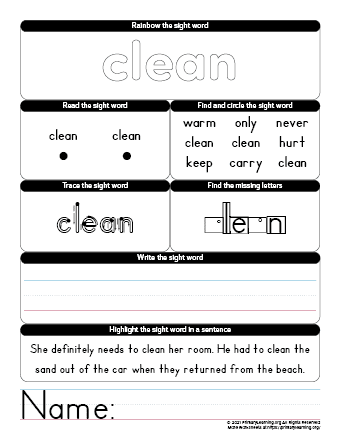 clean sight word worksheet