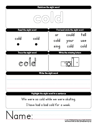 cold sight word worksheet