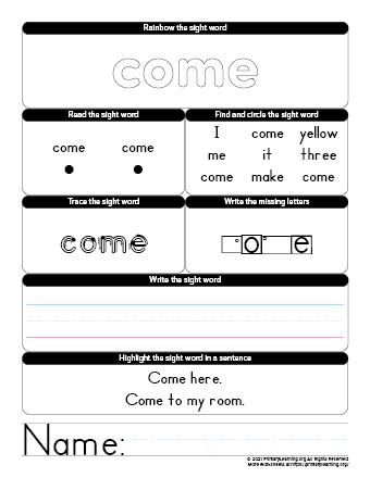 come sight word worksheet
