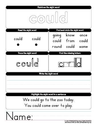 could sight word worksheet