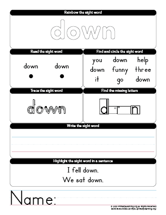 down sight word worksheet