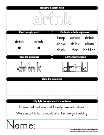 drink sight word worksheet