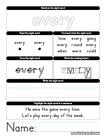 every sight word worksheet