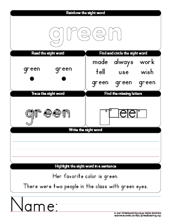 green sight word worksheet