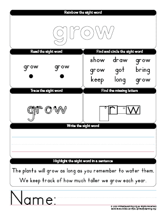 grow sight word worksheet
