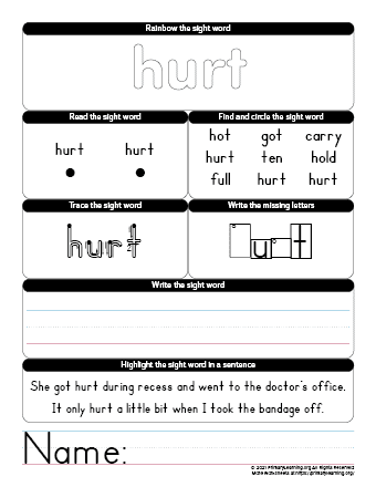 hurt sight word worksheet