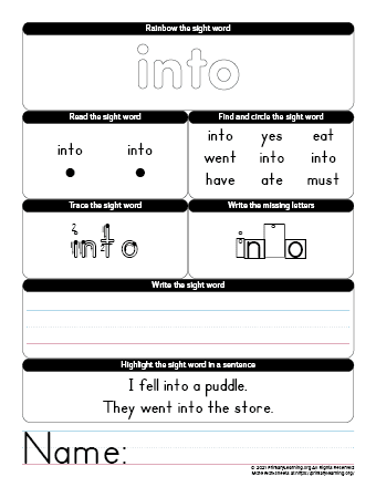 into sight word worksheet