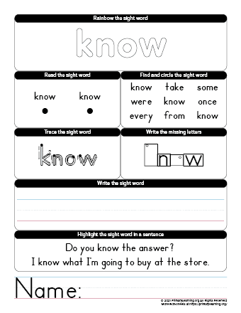 know sight word worksheet