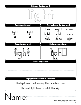 light sight word worksheet